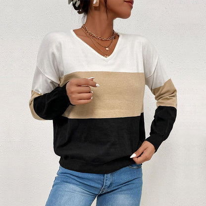 Color-Blocked V-Neck Knit Pullover with Long Sleeves
