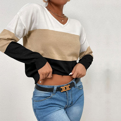 Color-Blocked V-Neck Knit Pullover with Long Sleeves