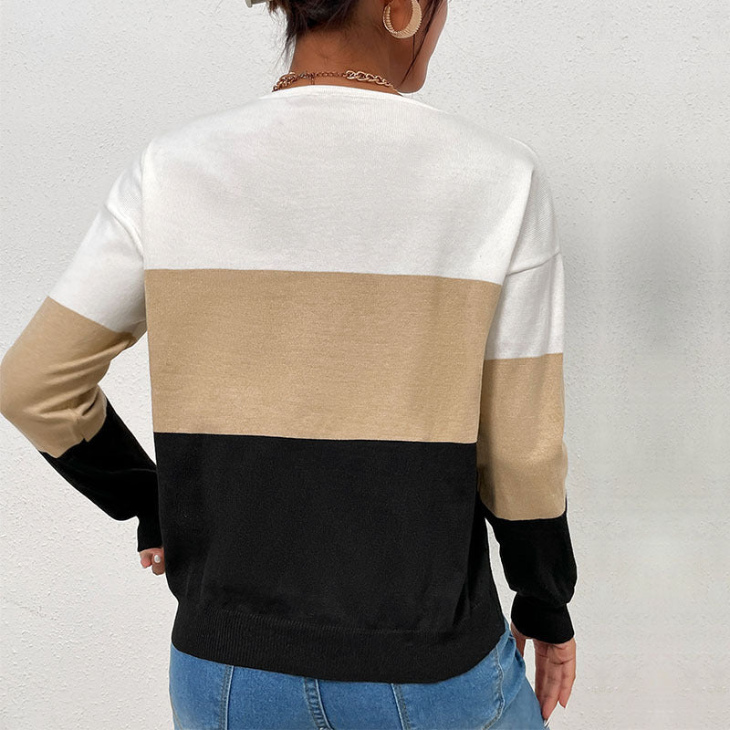 Color-Blocked V-Neck Knit Pullover with Long Sleeves