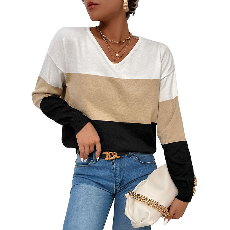 Color-Blocked V-Neck Knit Pullover with Long Sleeves