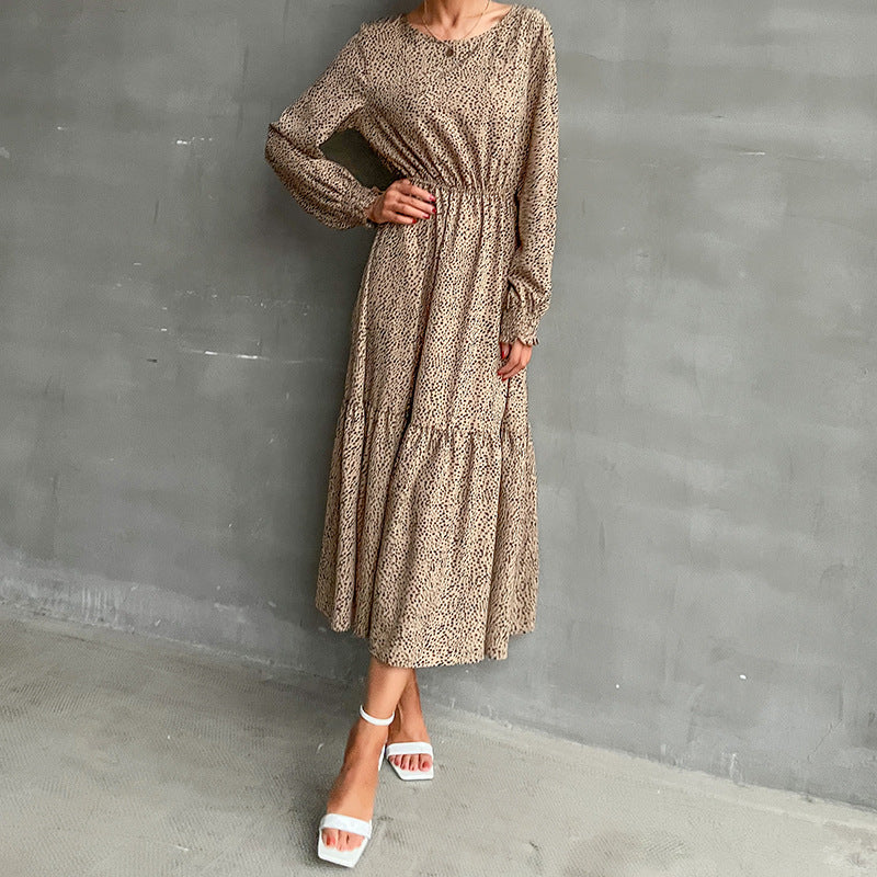 Leopard Print A-Line Maxi Dress with Elastic Waist and Tiered Skirt