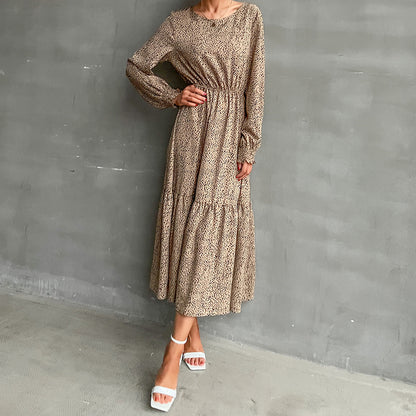Leopard Print A-Line Maxi Dress with Elastic Waist and Tiered Skirt