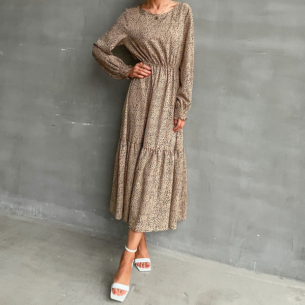 Leopard Print A-Line Maxi Dress with Elastic Waist and Tiered Skirt
