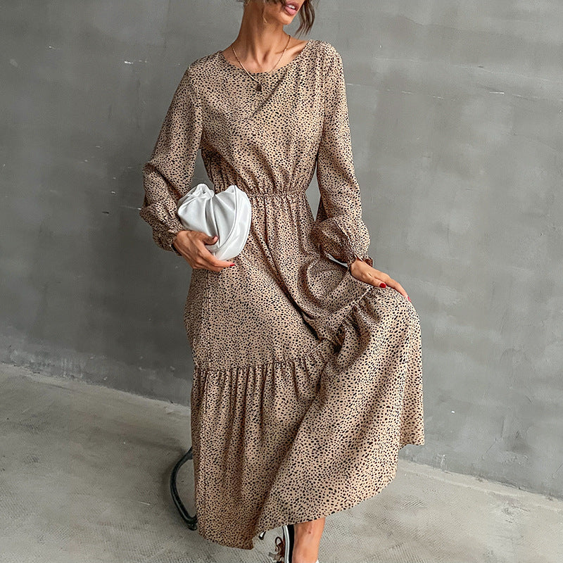 Leopard Print A-Line Maxi Dress with Elastic Waist and Tiered Skirt