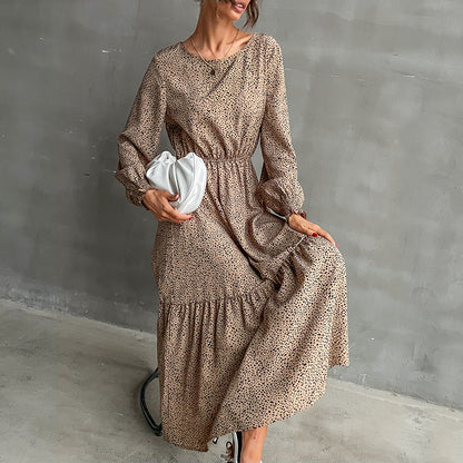 Leopard Print A-Line Maxi Dress with Elastic Waist and Tiered Skirt