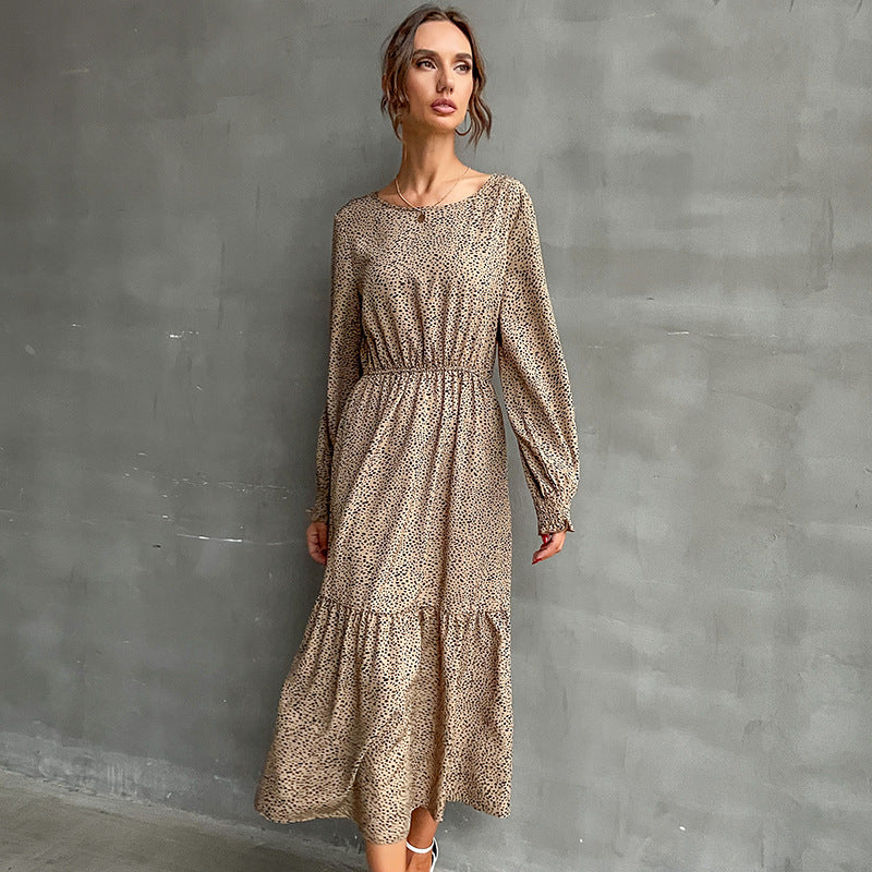 Leopard Print A-Line Maxi Dress with Elastic Waist and Tiered Skirt