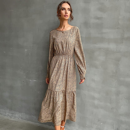 Leopard Print A-Line Maxi Dress with Elastic Waist and Tiered Skirt