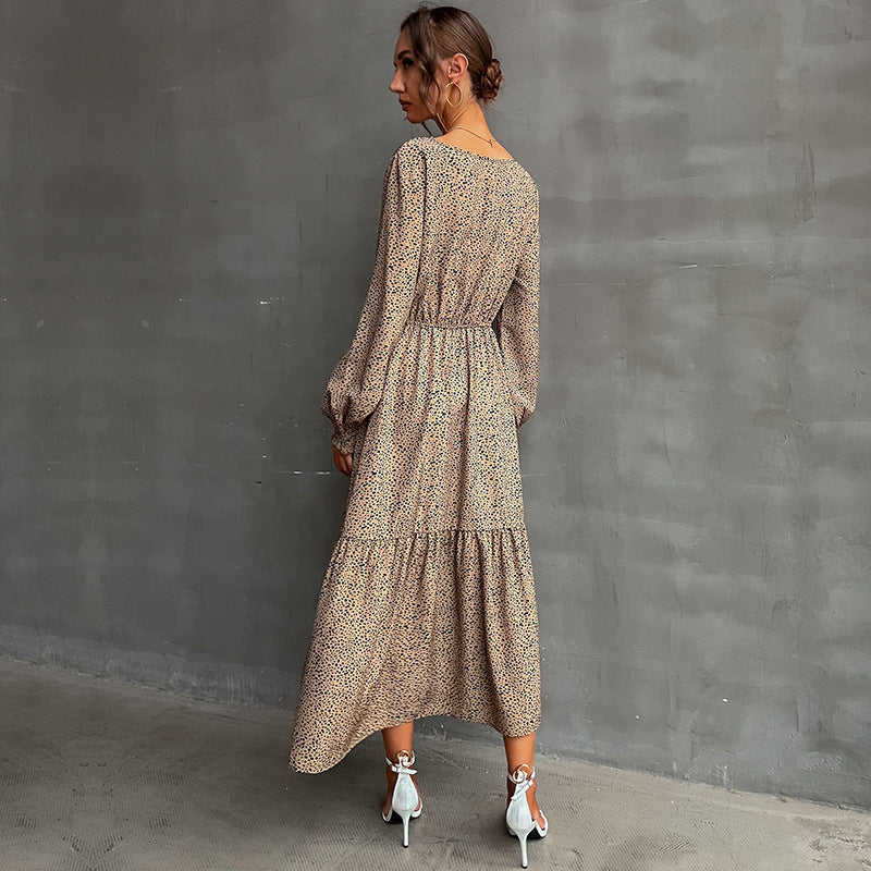 Leopard Print A-Line Maxi Dress with Elastic Waist and Tiered Skirt