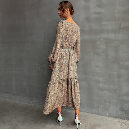 Leopard Print A-Line Maxi Dress with Elastic Waist and Tiered Skirt