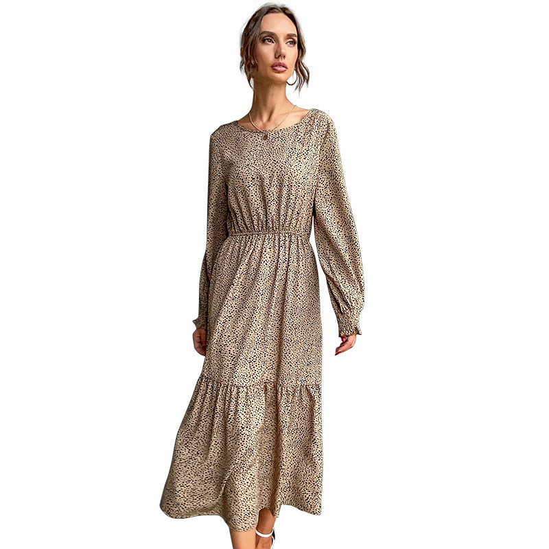 Leopard Print A-Line Maxi Dress with Elastic Waist and Tiered Skirt