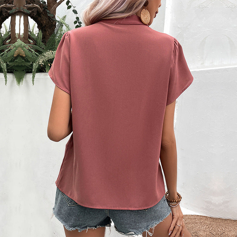 Solid V-Neck Pullover Blouse with Petal Sleeves