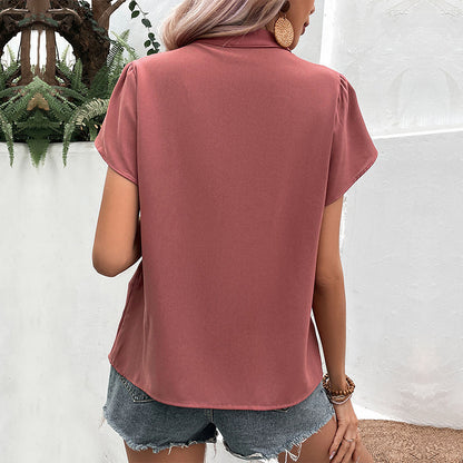 Solid V-Neck Pullover Blouse with Petal Sleeves
