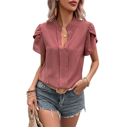 Solid V-Neck Pullover Blouse with Petal Sleeves