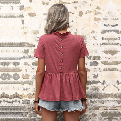 Solid Peplum Top with Ruffle V-Neck and Short Sleeves