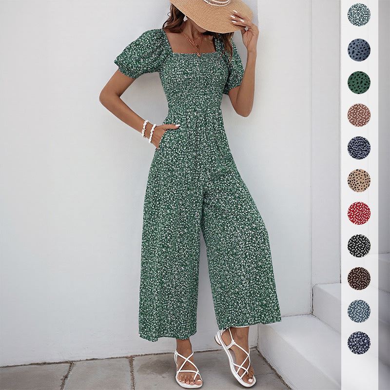 Smocked Floral Jumpsuit with Square Neck and Wide Legs