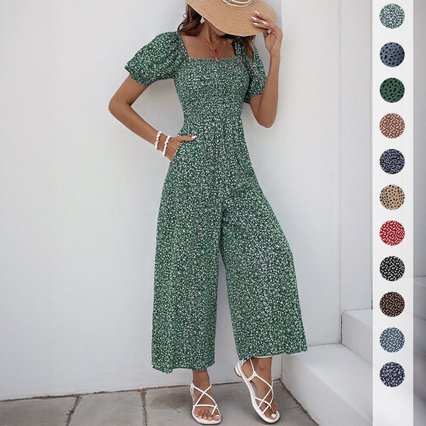 Smocked Floral Jumpsuit with Square Neck and Wide Legs