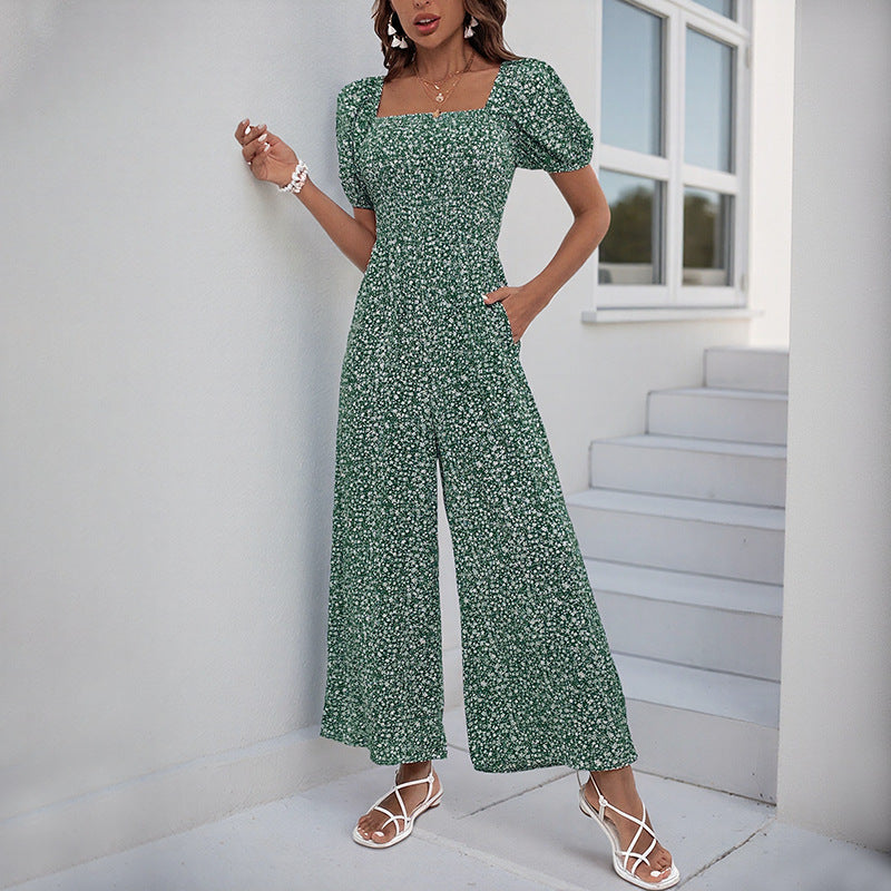 Smocked Floral Jumpsuit with Square Neck and Wide Legs