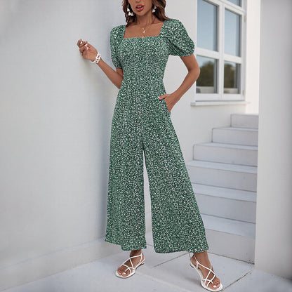 Smocked Floral Jumpsuit with Square Neck and Wide Legs
