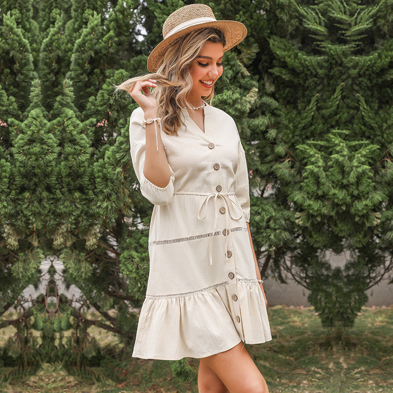 Cotton Linen Mini Dress with Button Front and Tie-Waist