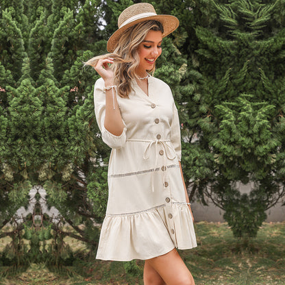 Cotton Linen Mini Dress with Button Front and Tie-Waist