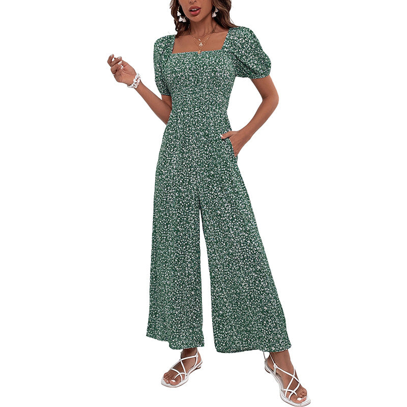 Smocked Floral Jumpsuit with Square Neck and Wide Legs