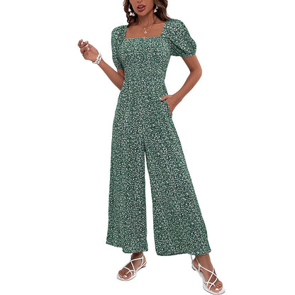 Smocked Floral Jumpsuit with Square Neck and Wide Legs