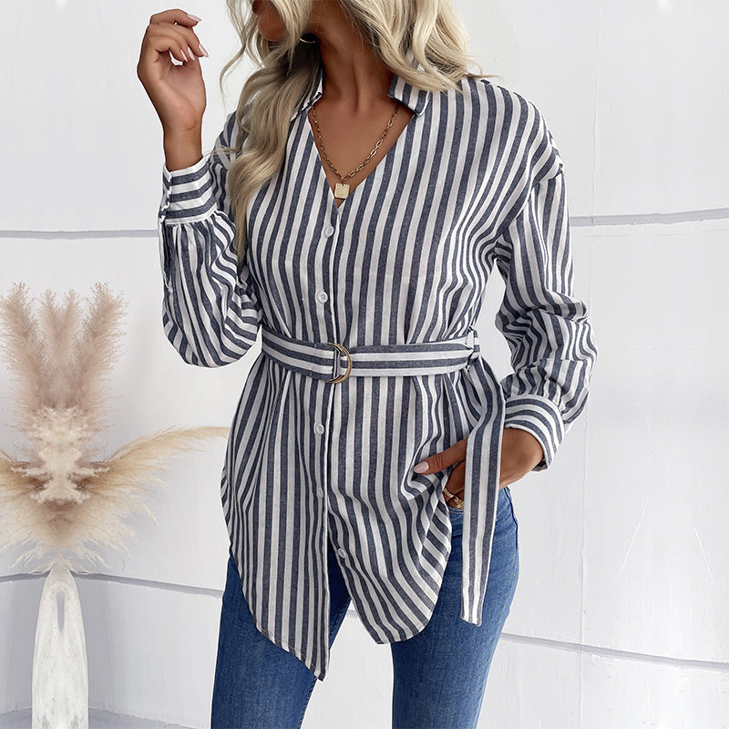 Striped Tunic Shirt with V-Neck and Belted Waist