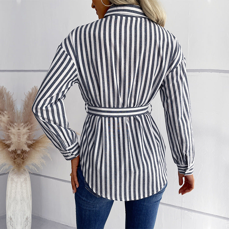 Striped Tunic Shirt with V-Neck and Belted Waist