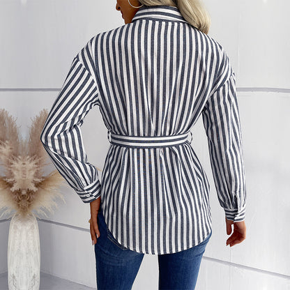 Striped Tunic Shirt with V-Neck and Belted Waist