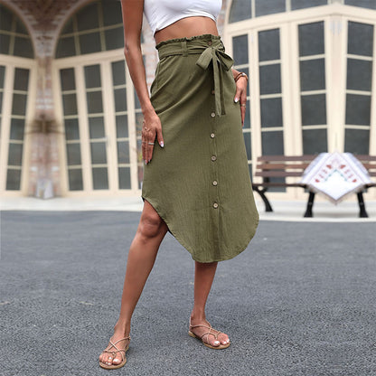 Irregular Midi Skirt with Button-Down Front and Paperbag Waist