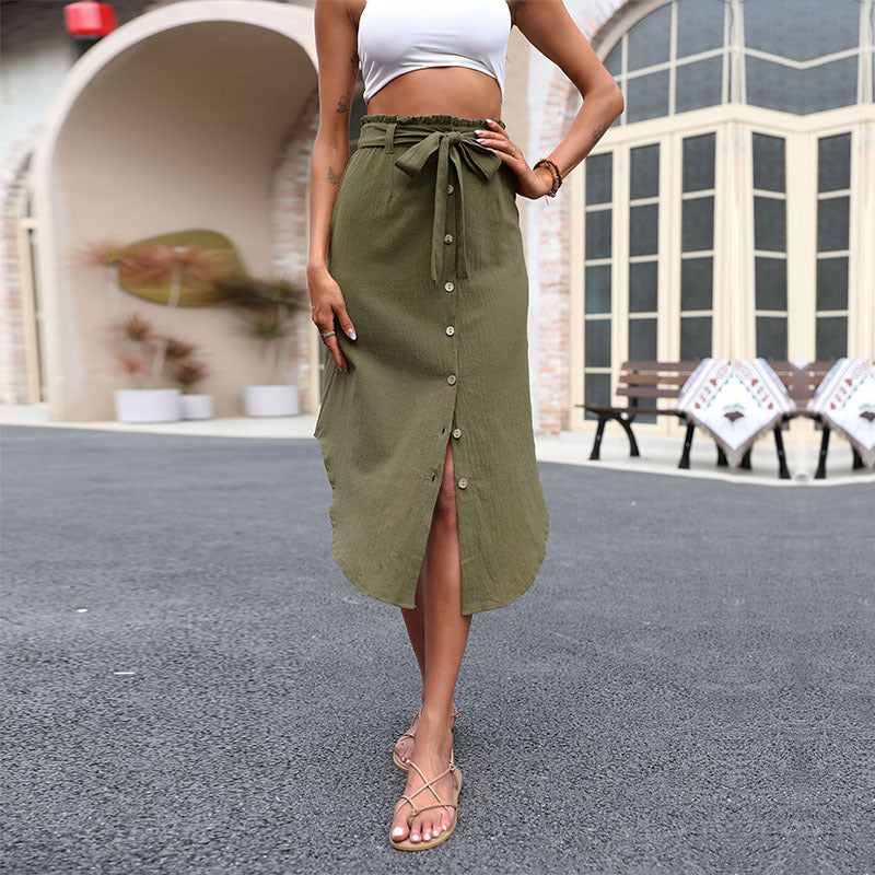 Irregular Midi Skirt with Button-Down Front and Paperbag Waist