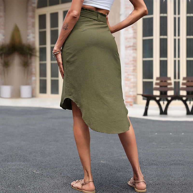 Irregular Midi Skirt with Button-Down Front and Paperbag Waist