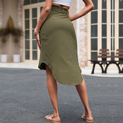 Irregular Midi Skirt with Button-Down Front and Paperbag Waist