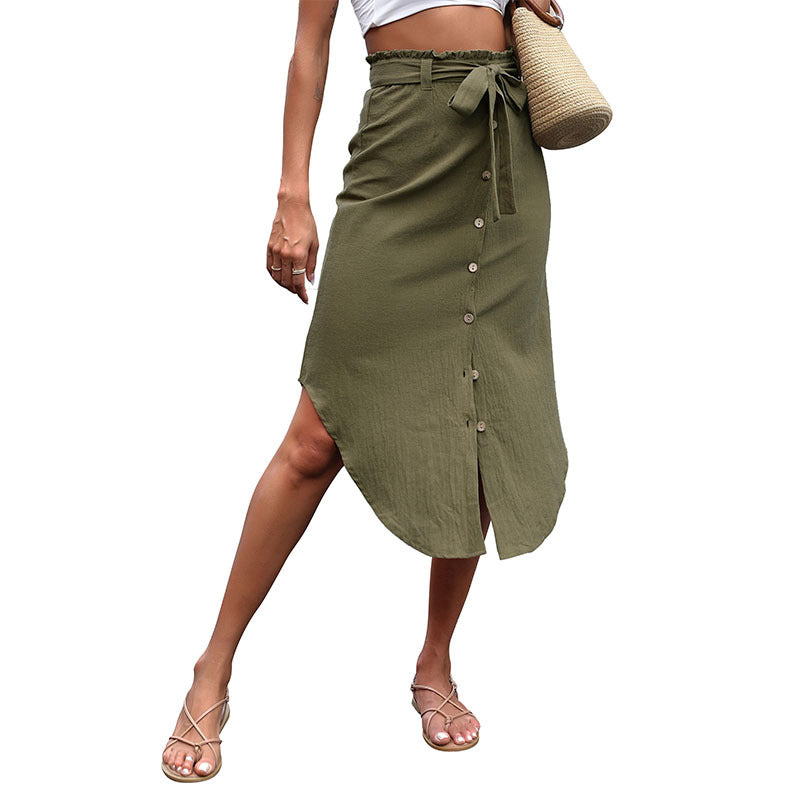 Irregular Midi Skirt with Button-Down Front and Paperbag Waist