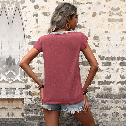 Solid V-Neck Henley Top with Lace Trim and Flutter Sleeves