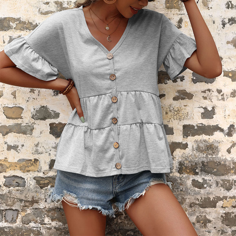 Tiered Button-Front Top with V-Neck and Ruffle Sleeves