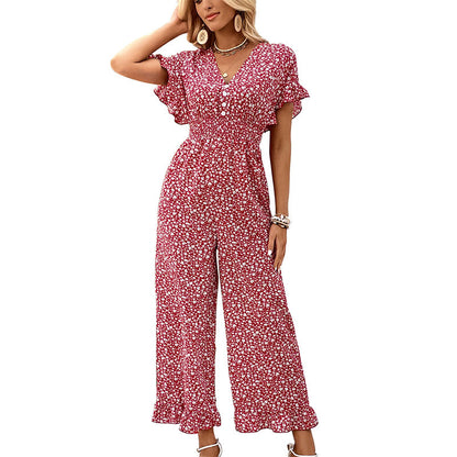 Red Floral Print Jumpsuit with Flutter Sleeves and Cropped Leg