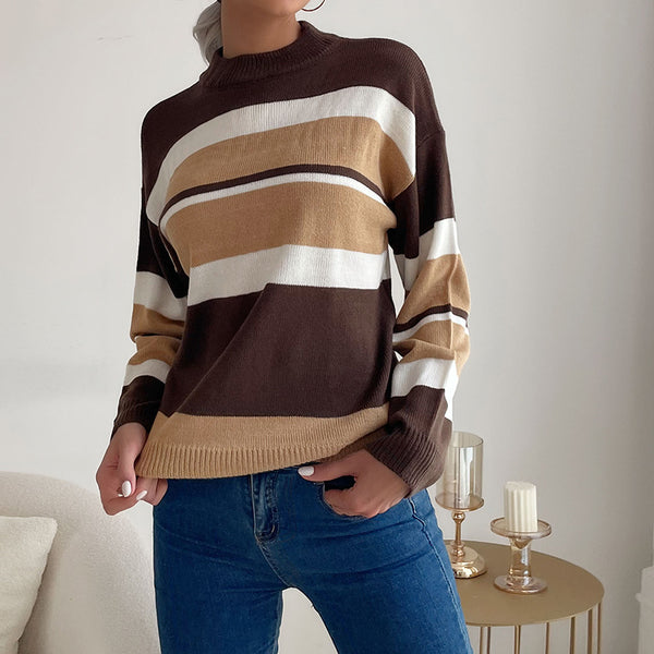 Loose Fit Striped Sweater with Mock Neck