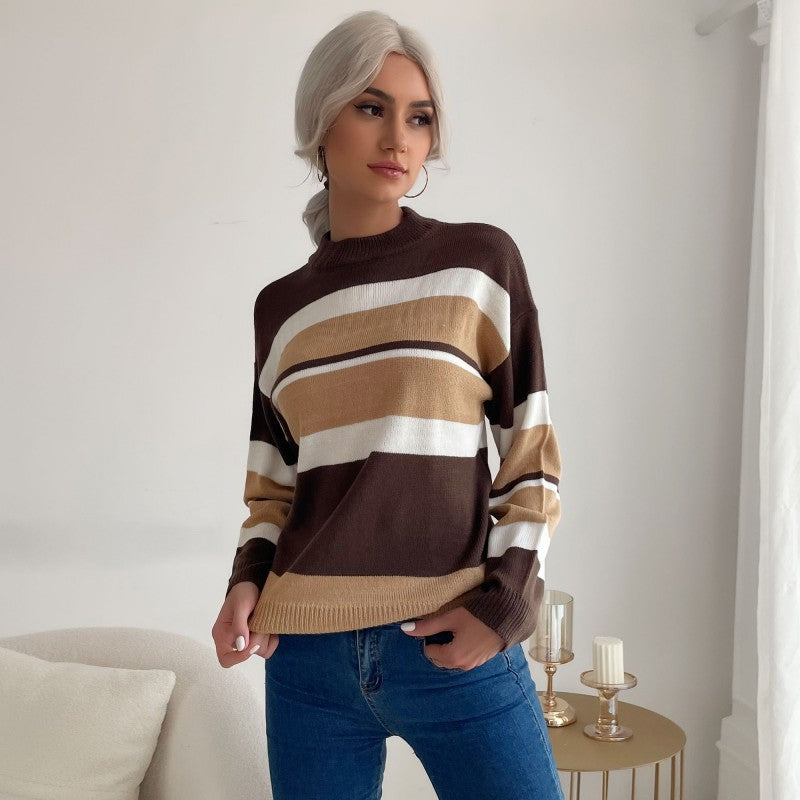 Loose Fit Striped Sweater with Mock Neck