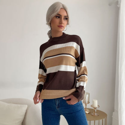 Loose Fit Striped Sweater with Mock Neck