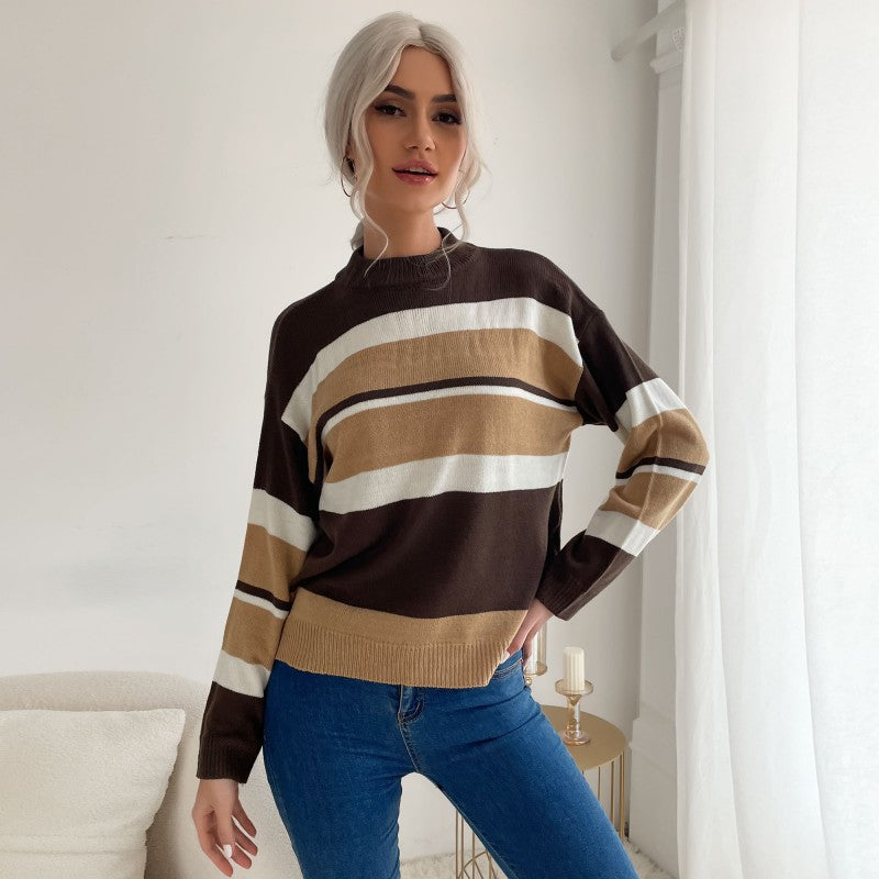 Loose Fit Striped Sweater with Mock Neck