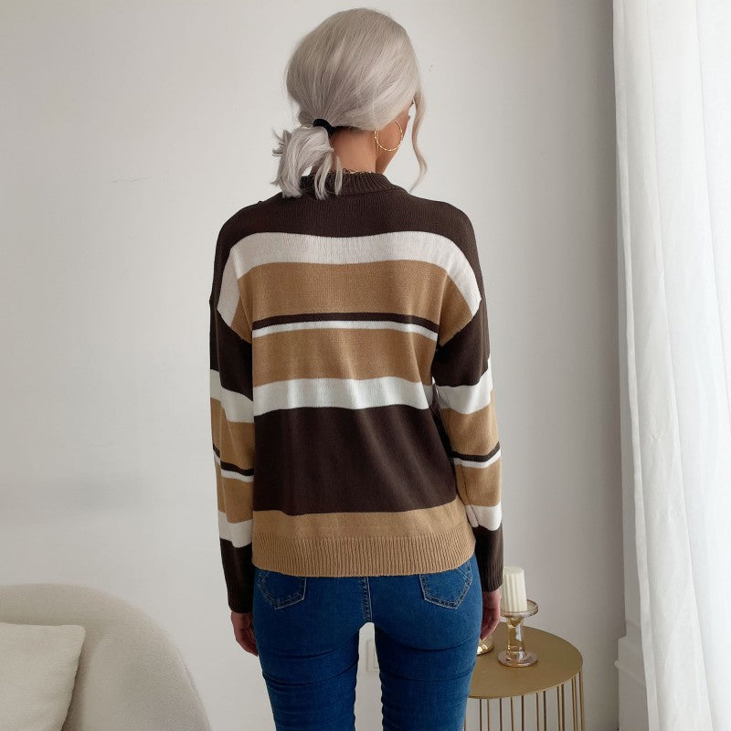 Loose Fit Striped Sweater with Mock Neck