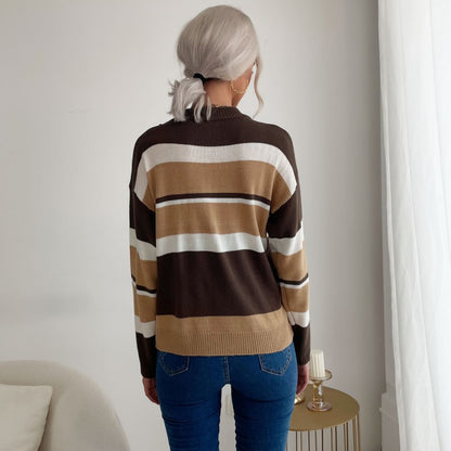 Loose Fit Striped Sweater with Mock Neck