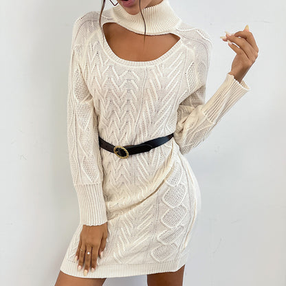 Twist Knit Mini Sweater Dress with Keyhole Turtleneck