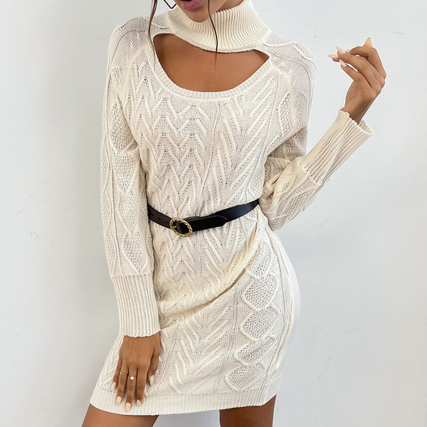 Twist Knit Mini Sweater Dress with Keyhole Turtleneck