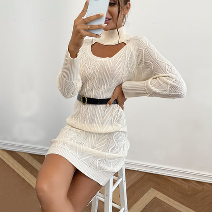 Twist Knit Mini Sweater Dress with Keyhole Turtleneck