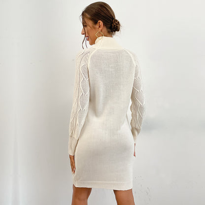 Twist Knit Mini Sweater Dress with Keyhole Turtleneck