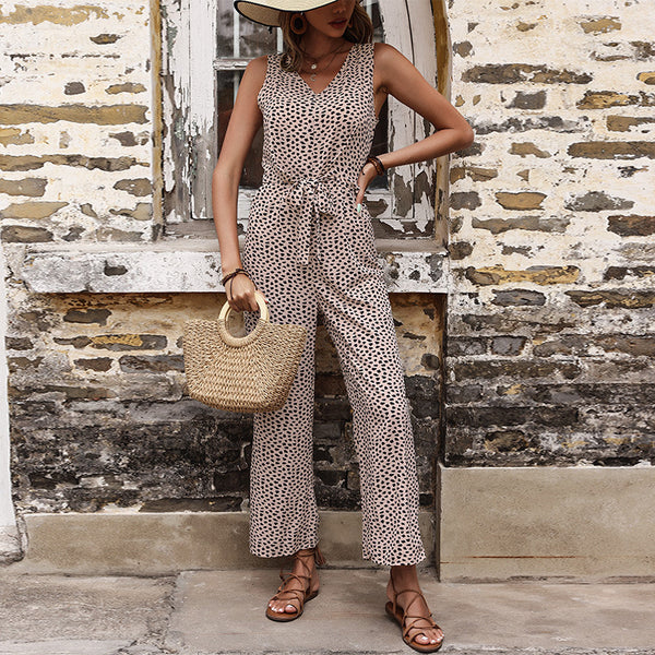 Leopard Print Straight-Leg Jumpsuit with V-Neck and Tie-Waist