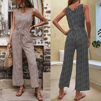 Leopard Print Straight-Leg Jumpsuit with V-Neck and Tie-Waist
