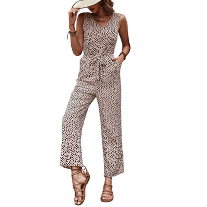 Leopard Print Straight-Leg Jumpsuit with V-Neck and Tie-Waist